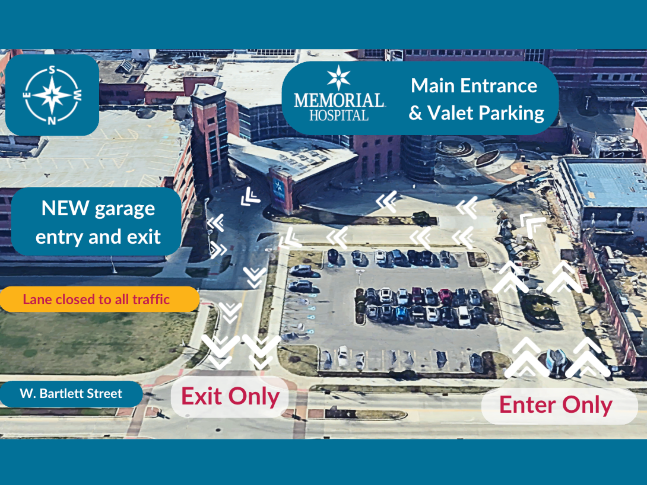 Photo of the Memorial Hospital of South Bend main entrance and parking garage area with directional arrows showing new traffic flow.